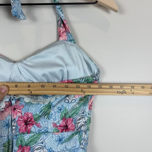 Hot Topic Tiki Blue Floral Swing Dress Small Summer Hawaiian Themed Retro 1950s - Picture 8 of 9